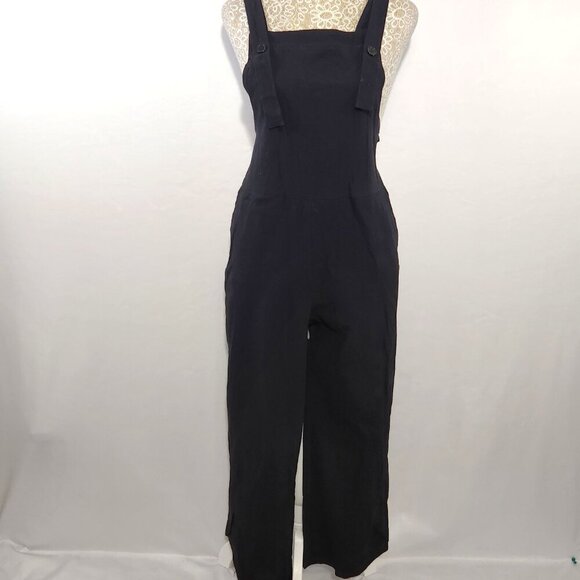 Women's Size Small Black Baggy Linen Blend Loose Fit Wide Leg Pockets Jumpsuit - Picture 13 of 14